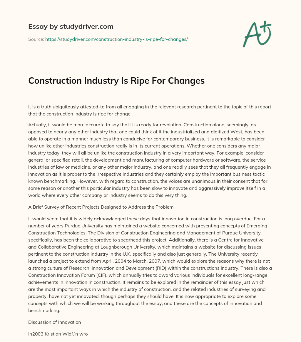 Construction Industry is Ripe for Changes essay