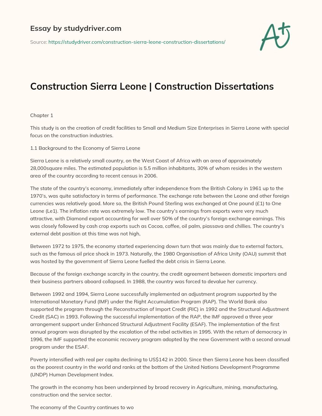 Construction Sierra Leone | Construction Dissertations essay