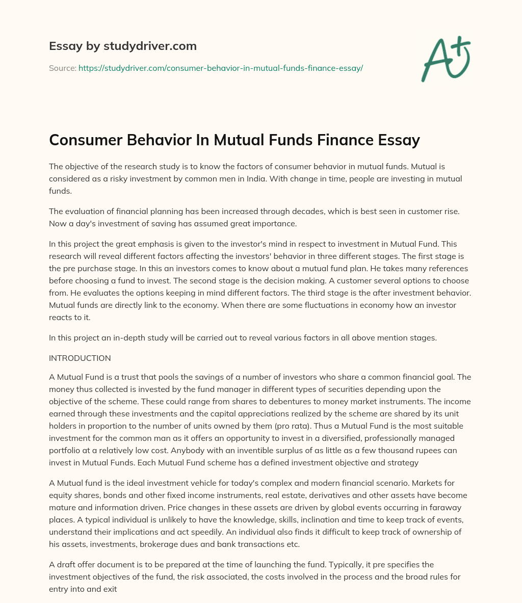 Consumer Behavior in Mutual Funds Finance Essay essay