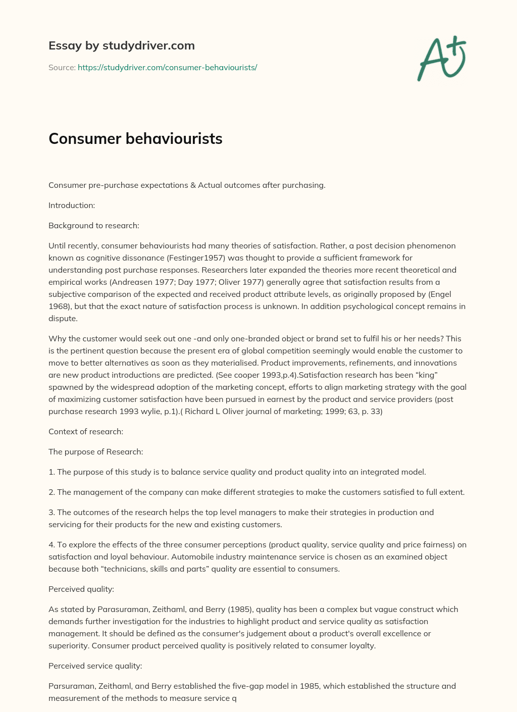 Consumer Behaviourists essay