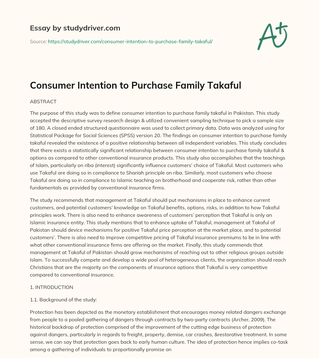 Consumer Intention to Purchase Family Takaful essay