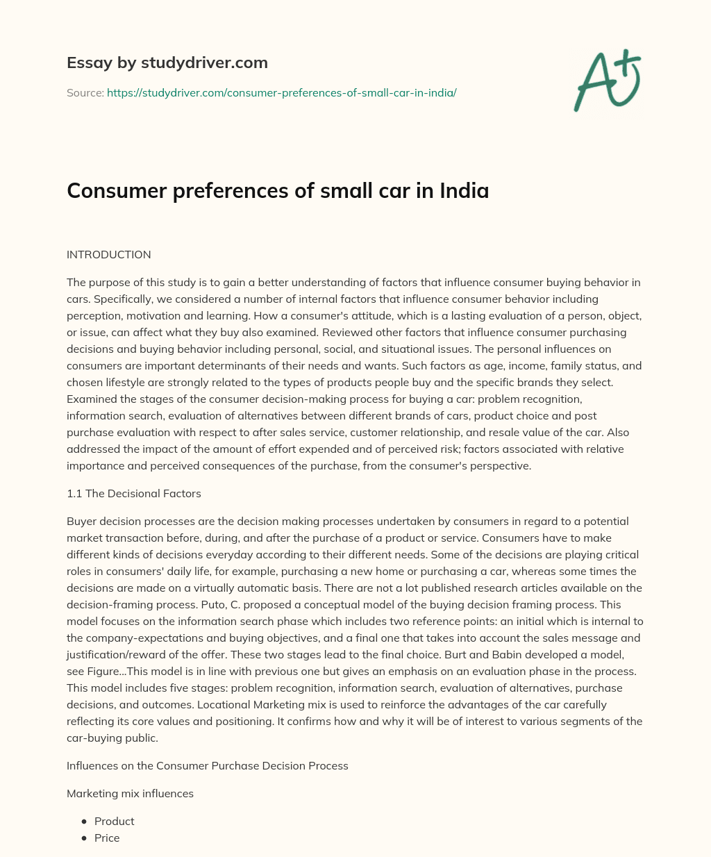 Consumer Preferences of Small Car in India essay