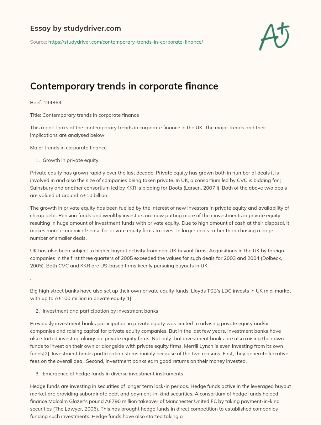 Contemporary Trends in Corporate Finance essay