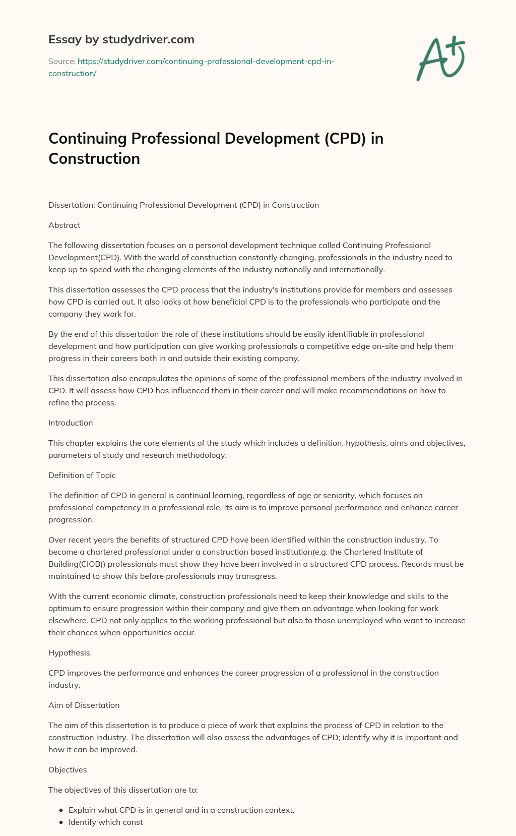 Continuing Professional Development (CPD) in Construction essay