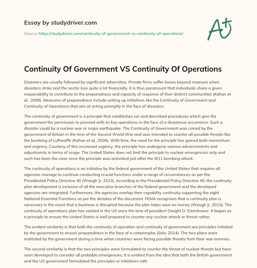 Continuity of Government VS Continuity of Operations essay