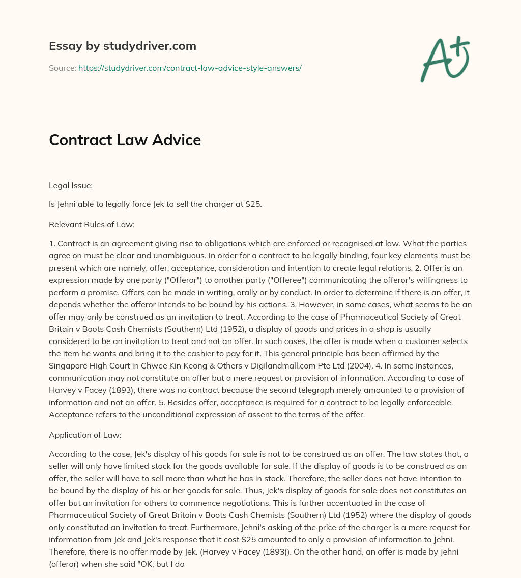 Contract Law Advice essay