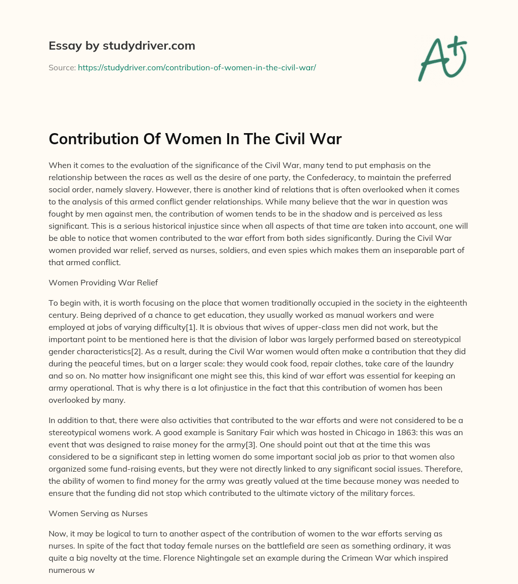 Contribution of Women in the Civil War essay