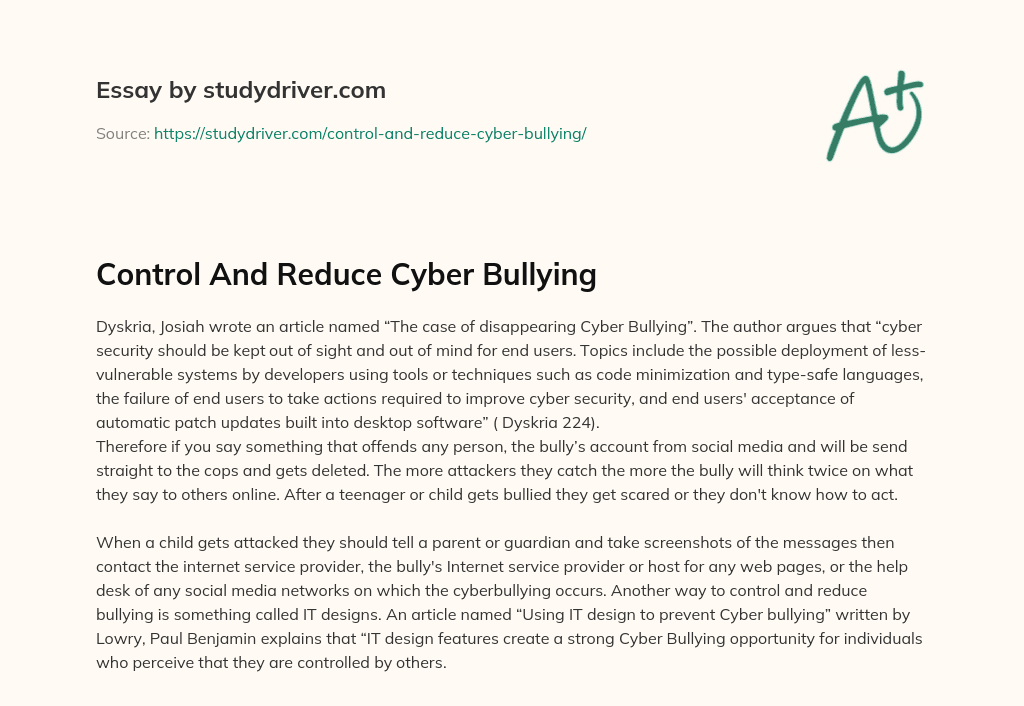 Control and Reduce Cyber Bullying essay