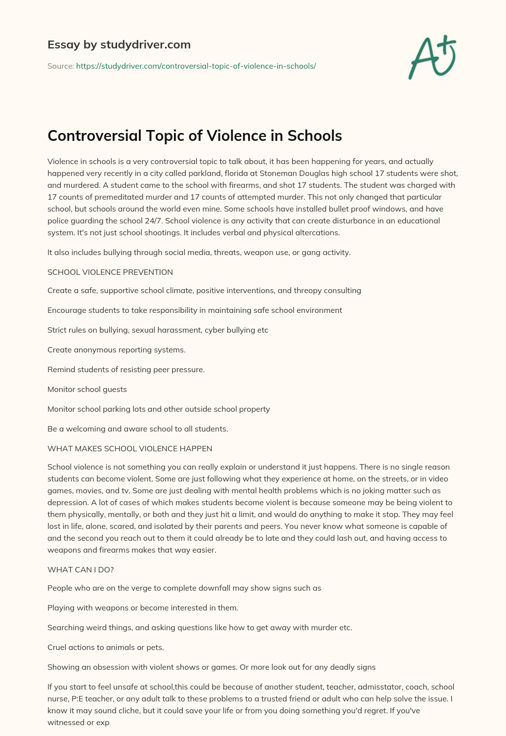 Controversial Topic of Violence in Schools essay