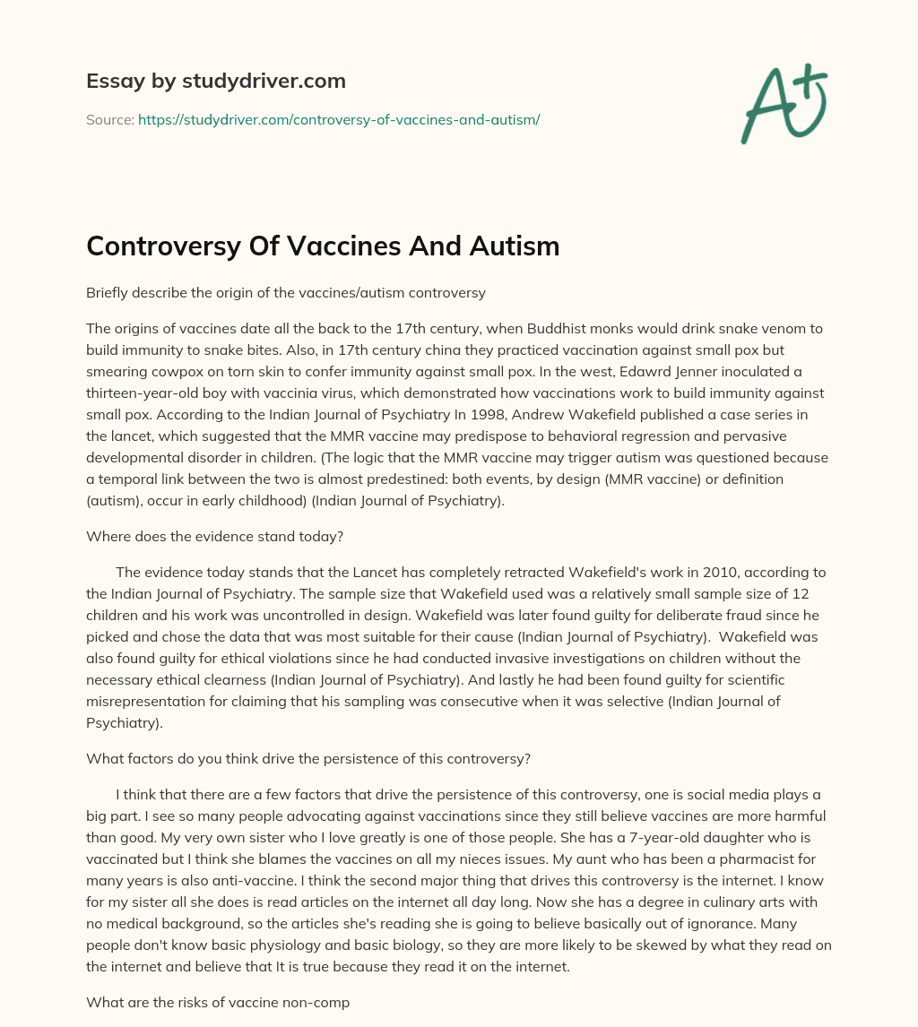 Controversy of Vaccines and Autism essay