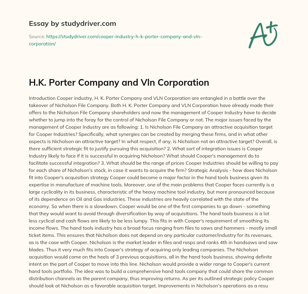 H.K. Porter Company and Vln Corporation essay