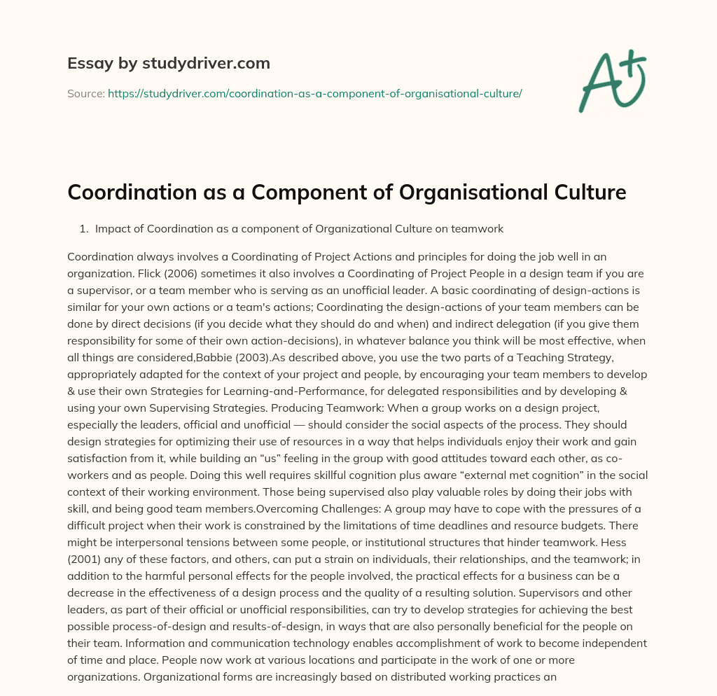 Coordination as a Component of Organisational Culture essay