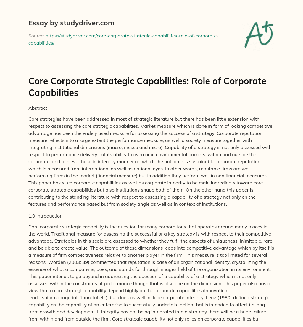 Core Corporate Strategic Capabilities: Role of Corporate Capabilities essay