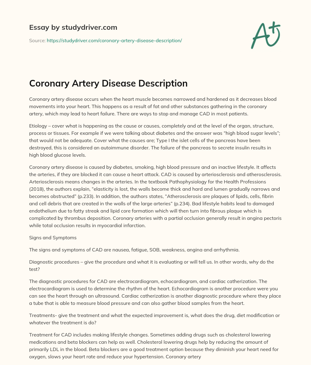 Coronary Artery Disease Description essay