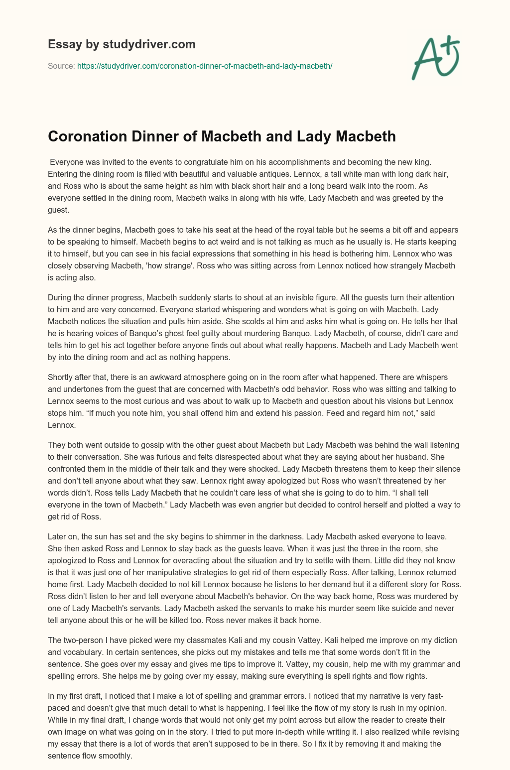 Coronation Dinner of Macbeth and Lady Macbeth essay