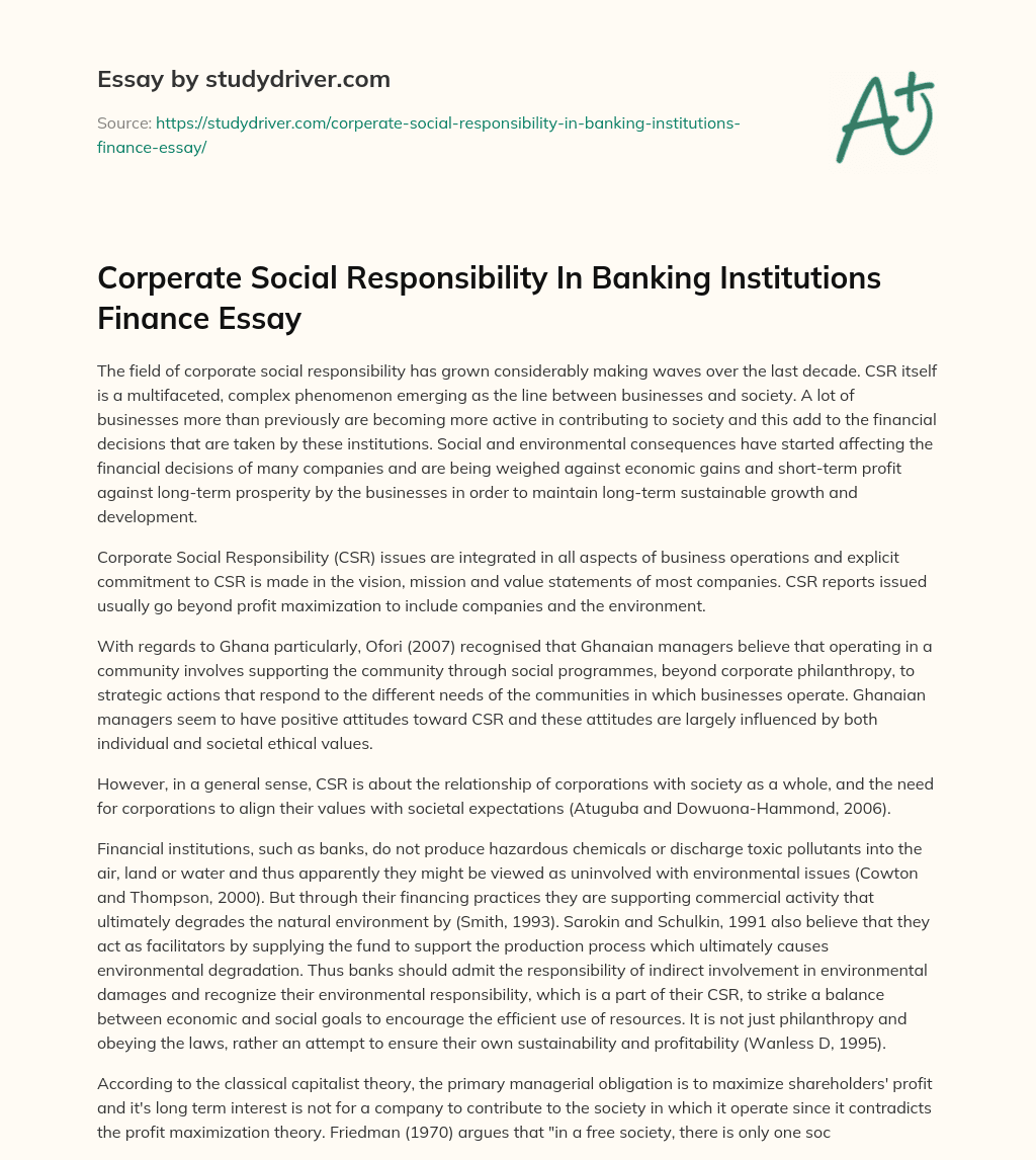 Corperate Social Responsibility in Banking Institutions Finance Essay essay