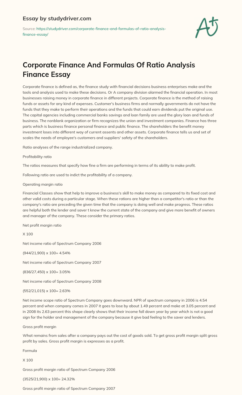 Corporate Finance and Formulas of Ratio Analysis Finance Essay essay