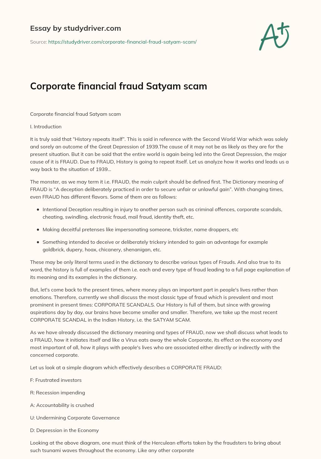 Corporate Financial Fraud Satyam Scam essay