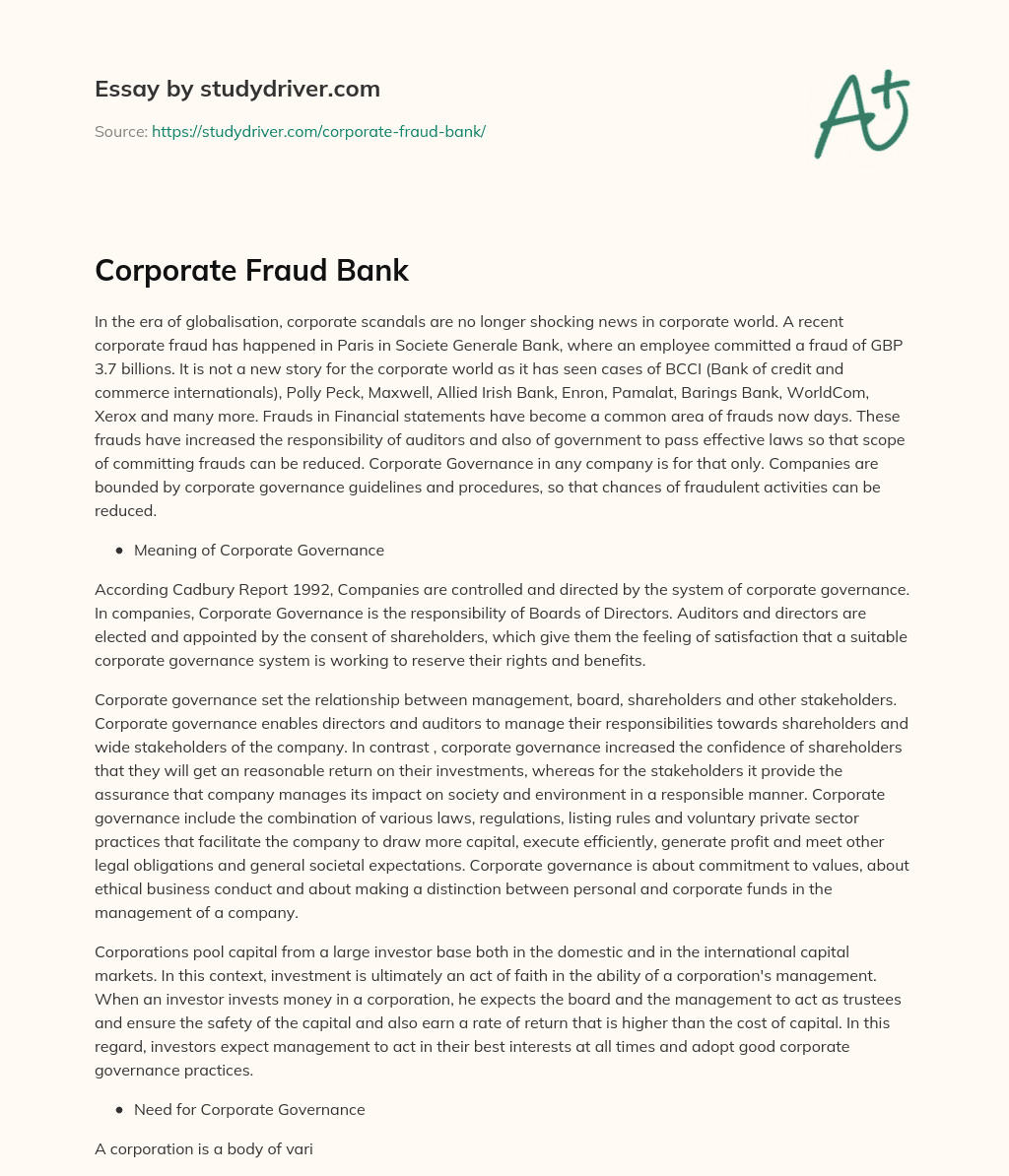 Corporate Fraud Bank essay