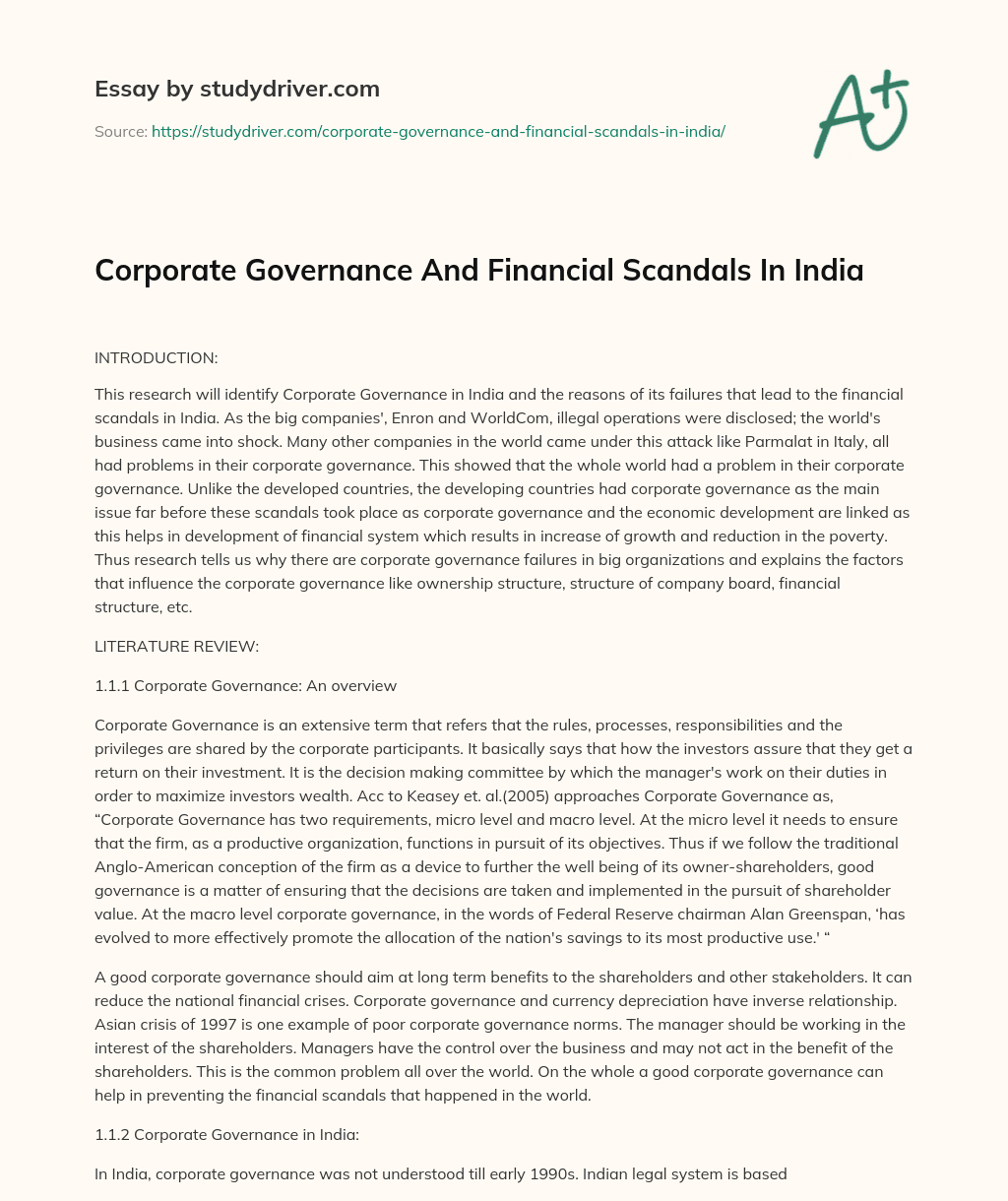 Corporate Governance and Financial Scandals in India essay