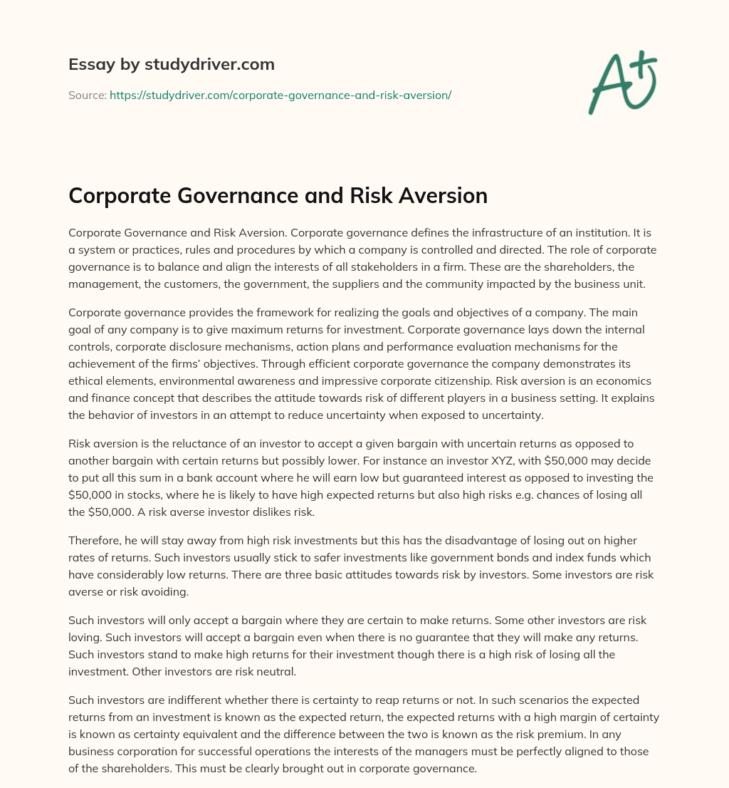 Corporate Governance and Risk Aversion essay