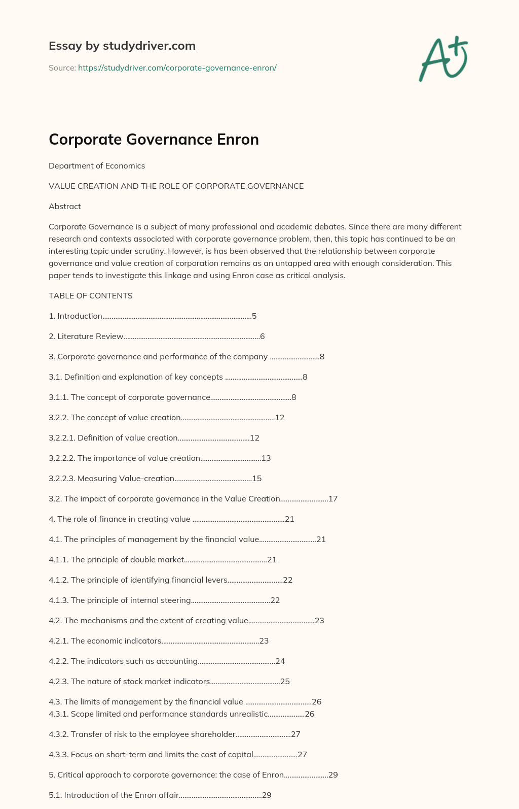 Corporate Governance Enron essay