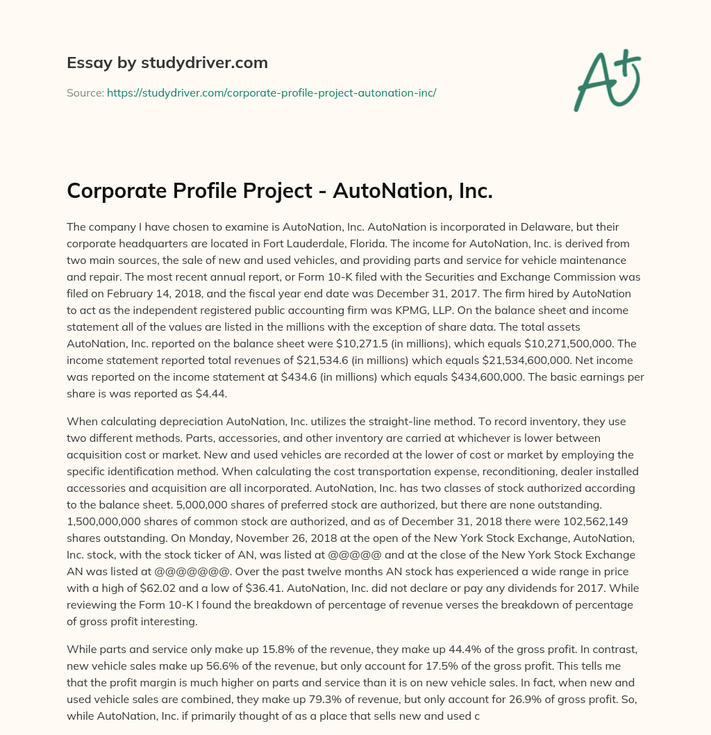 Corporate Profile Project – AutoNation, Inc. essay