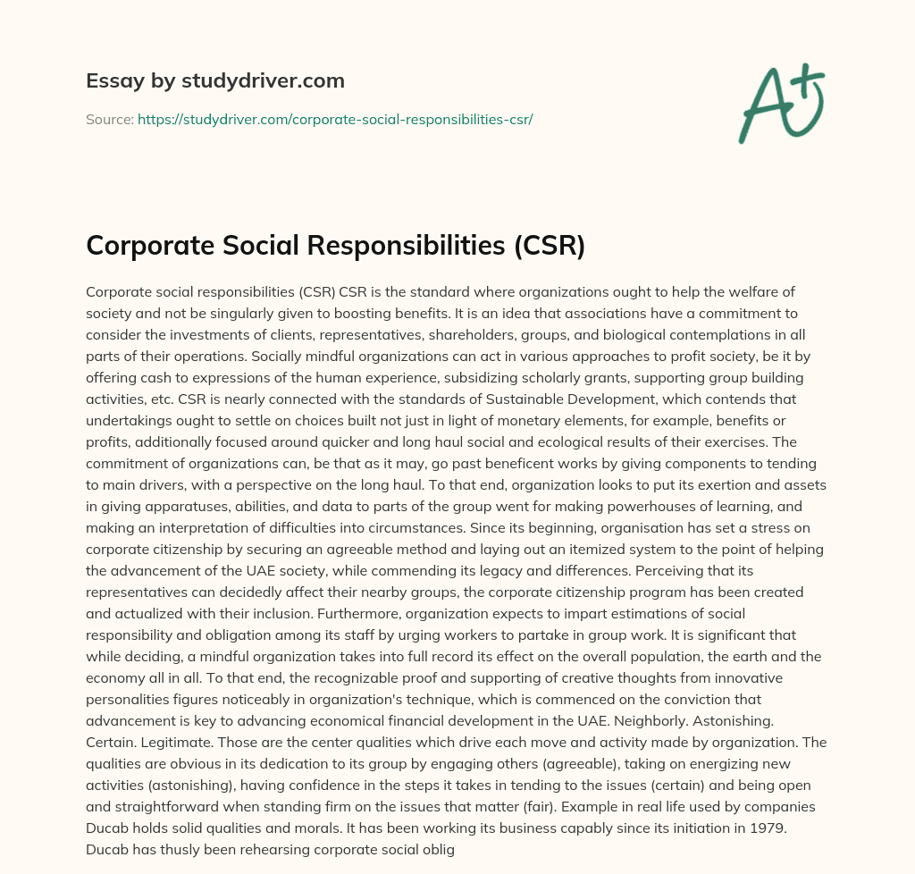 Corporate Social Responsibilities (CSR) essay