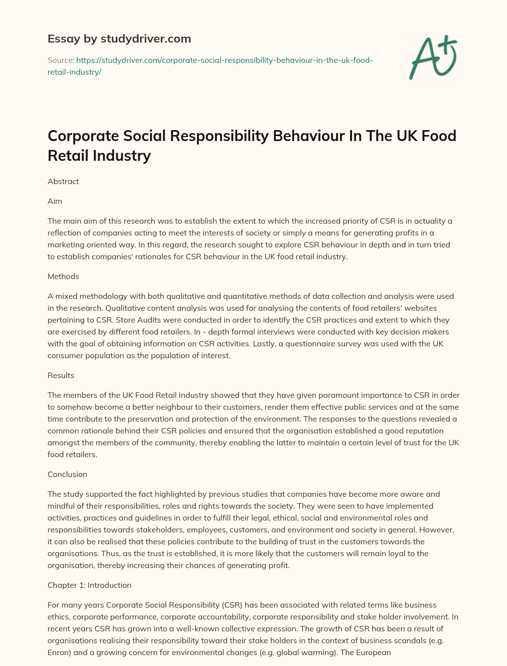 Corporate Social Responsibility Behaviour in the UK Food Retail Industry essay