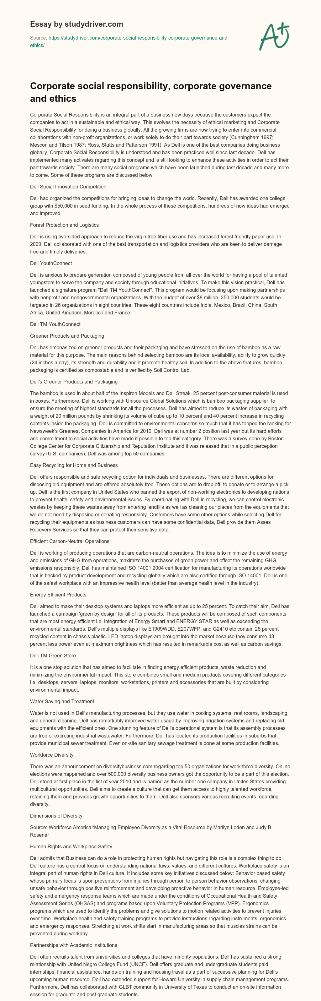 Corporate Social Responsibility, Corporate Governance and Ethics essay