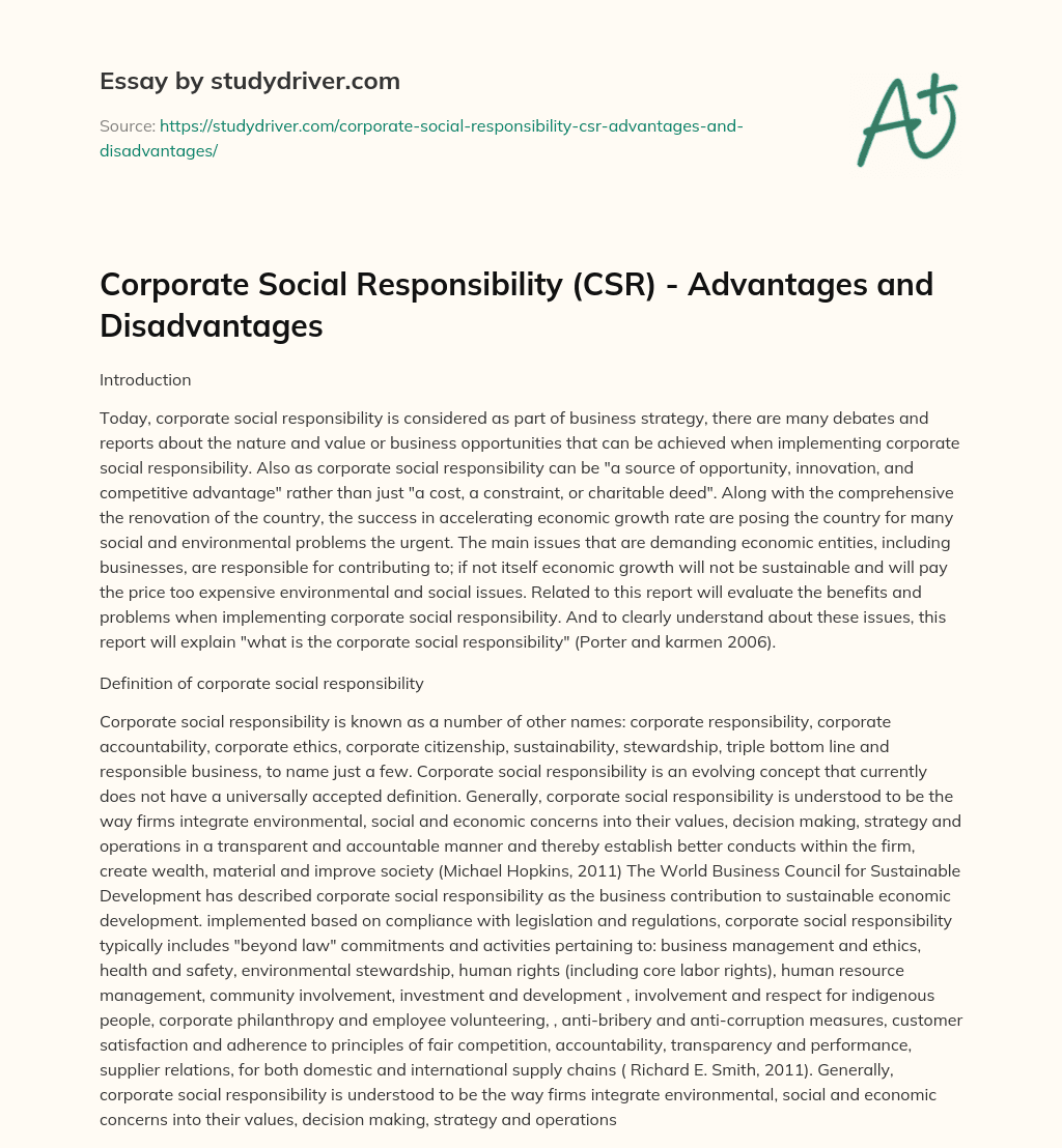Corporate Social Responsibility (CSR) – Advantages and Disadvantages essay