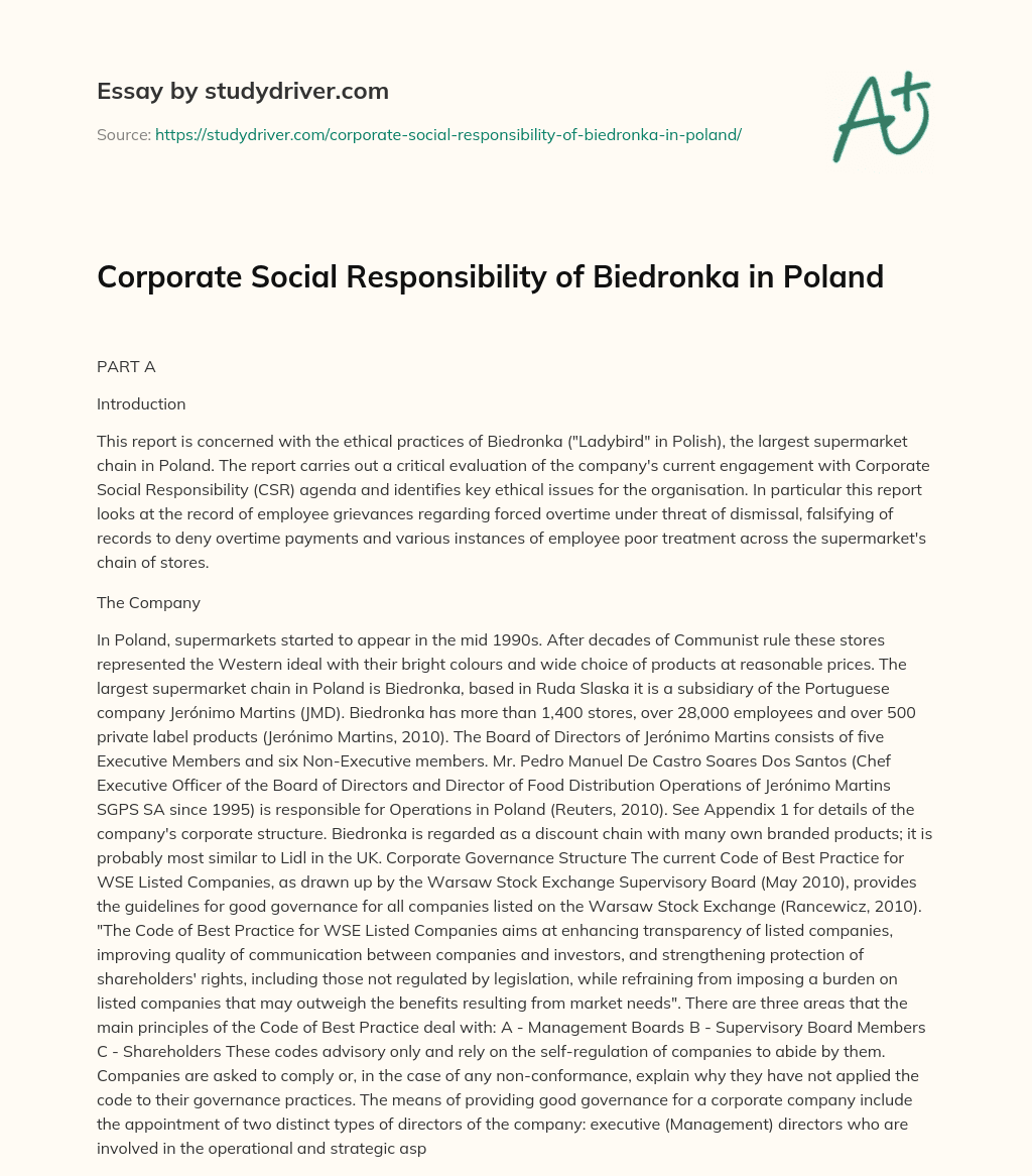 Corporate Social Responsibility of Biedronka in Poland essay