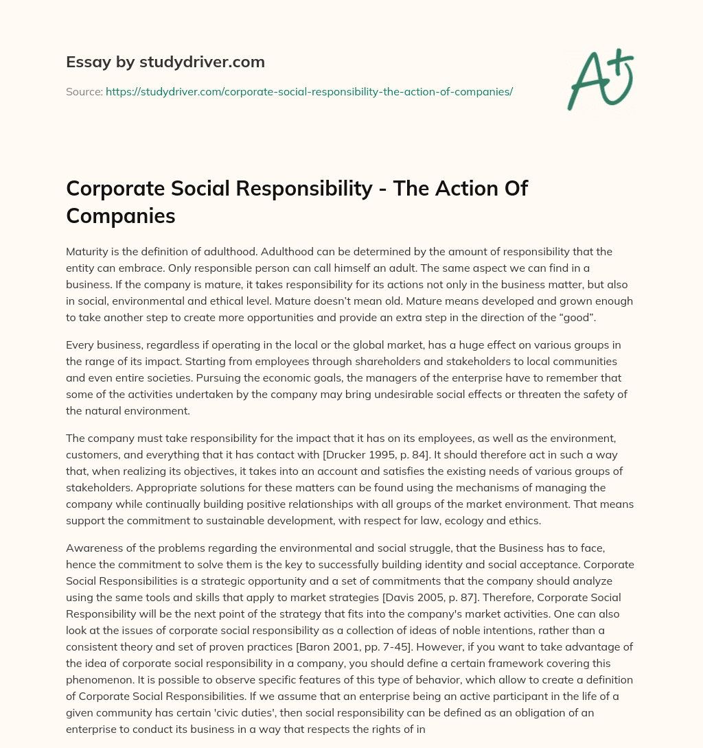Corporate Social Responsibility – the Action of Companies essay