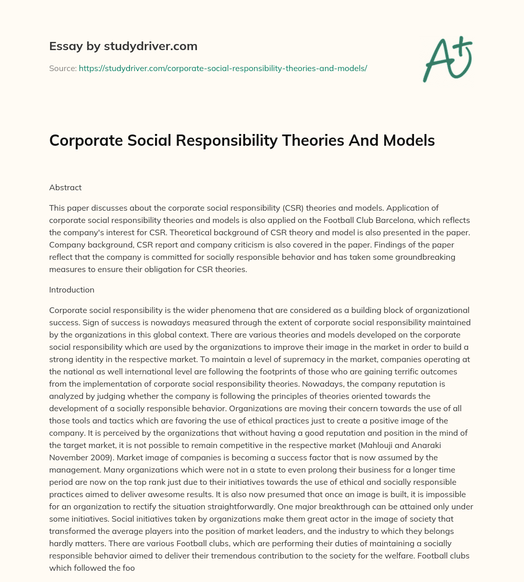 Corporate Social Responsibility Theories and Models essay