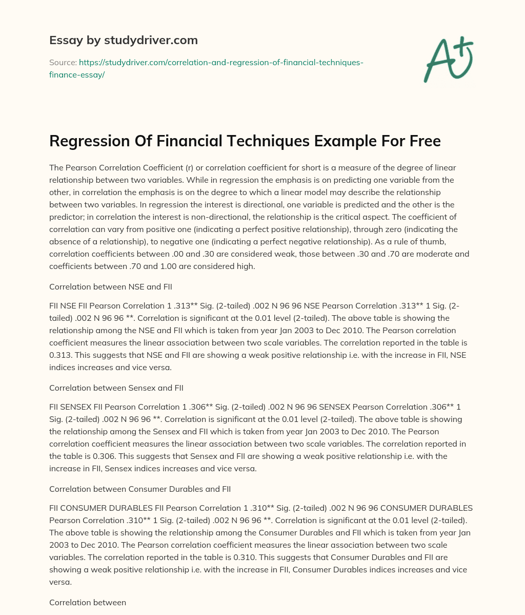 Regression of Financial Techniques Example for Free essay