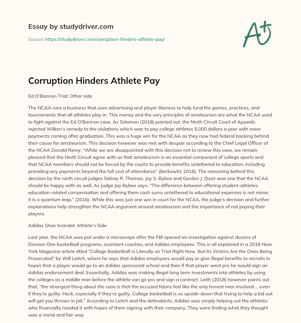 Corruption Hinders Athlete Pay essay