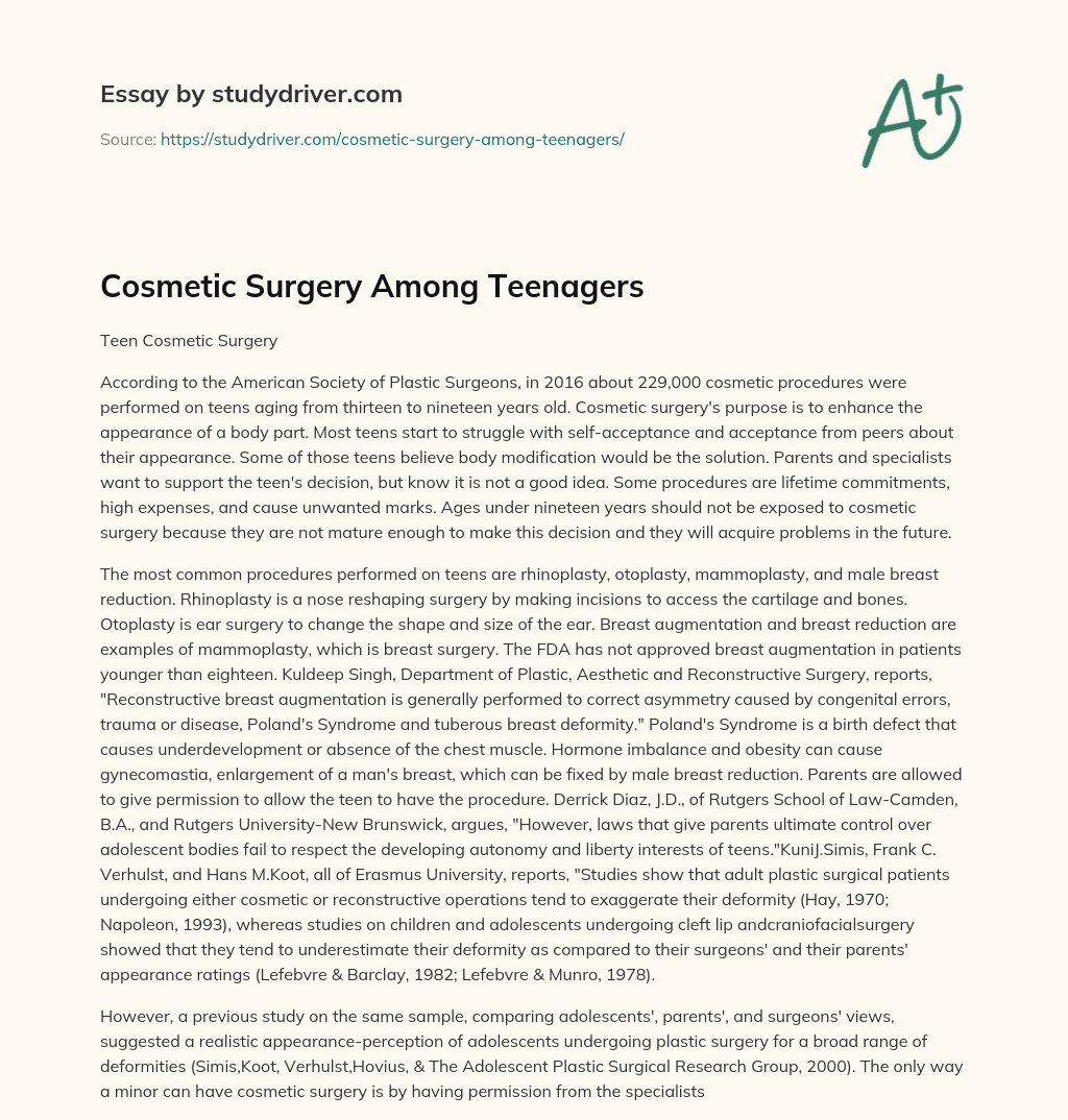 Cosmetic Surgery Among Teenagers essay