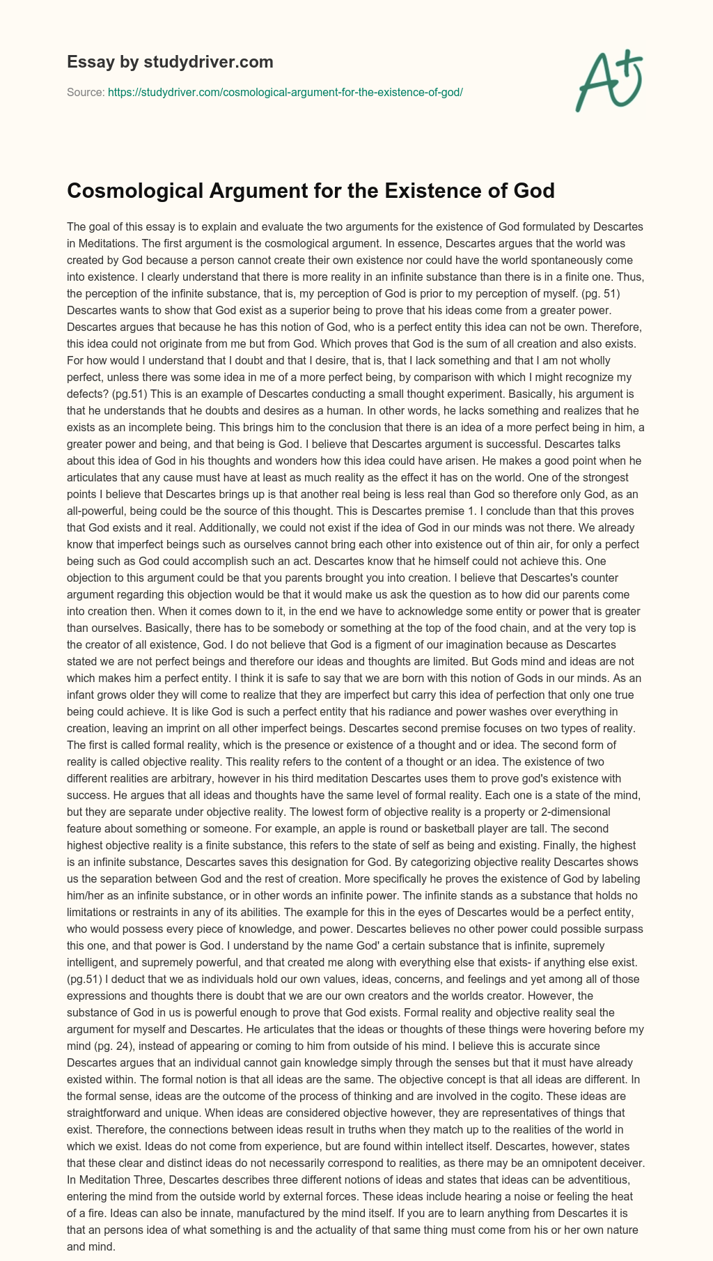 Cosmological Argument for the Existence of God essay