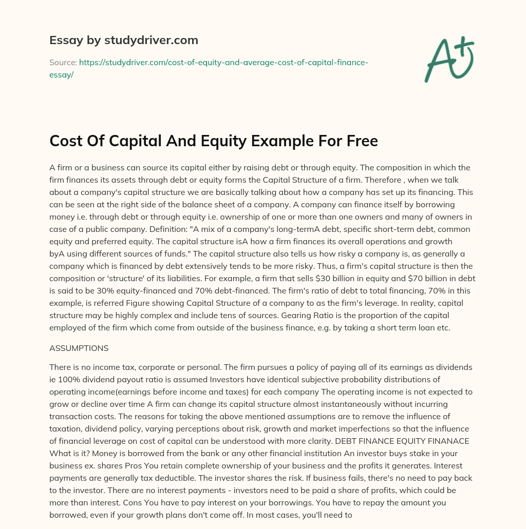 Cost of Capital and Equity Example for Free essay