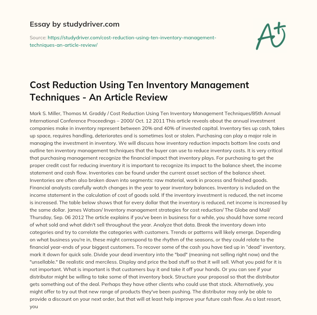 Cost Reduction Using Ten Inventory Management Techniques – an Article Review essay