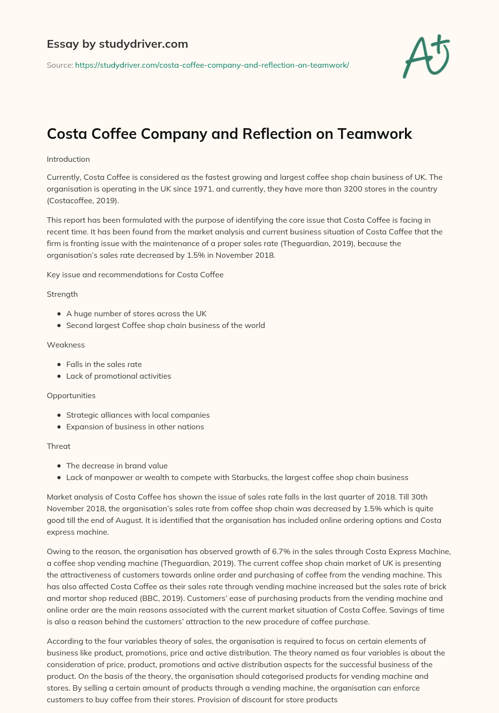 Costa Coffee Company and Reflection on Teamwork essay
