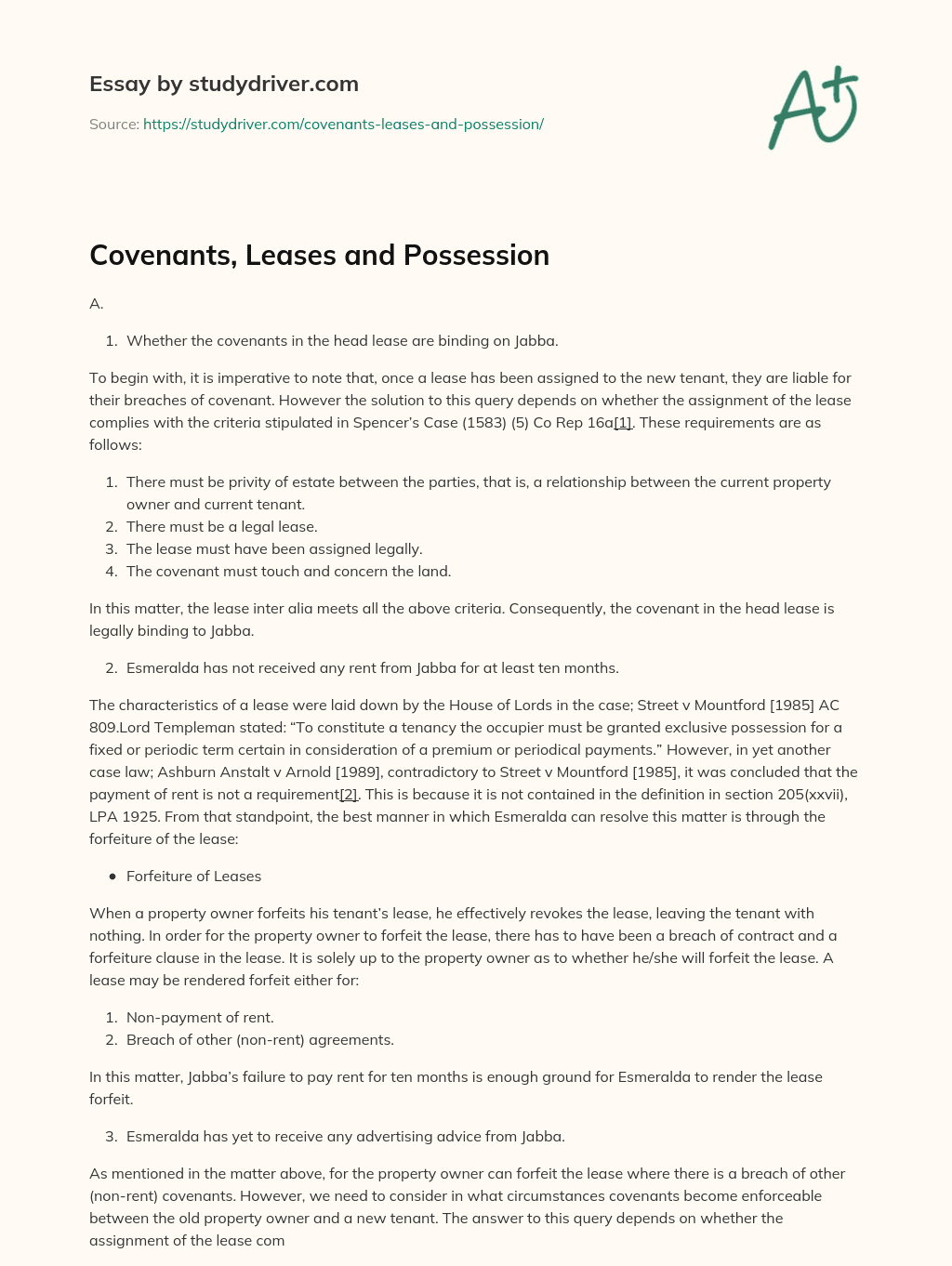 Covenants, Leases and Possession essay