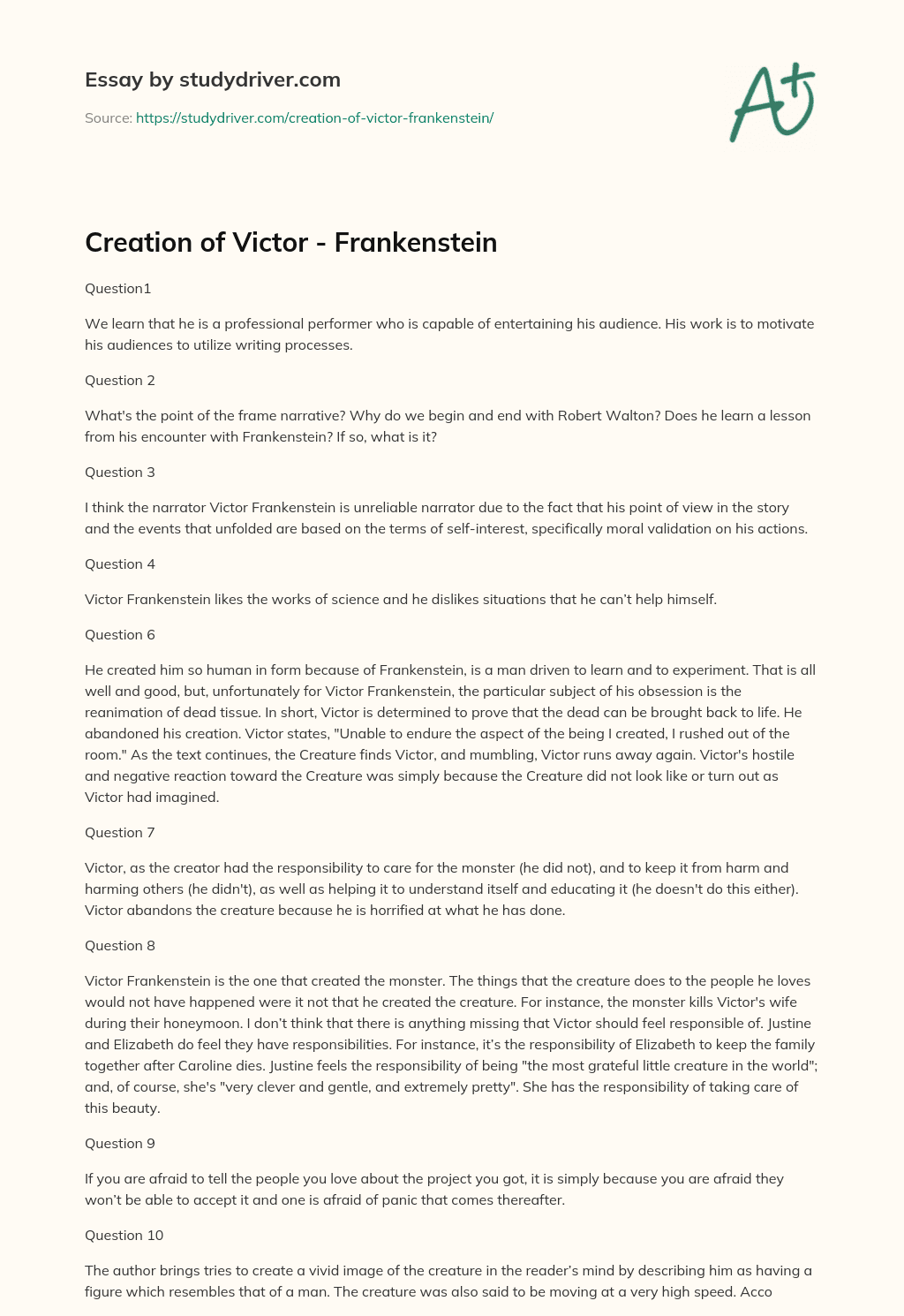 Creation of Victor – Frankenstein essay