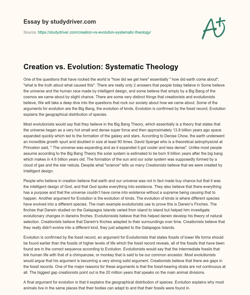 Creation Vs. Evolution: Systematic Theology essay