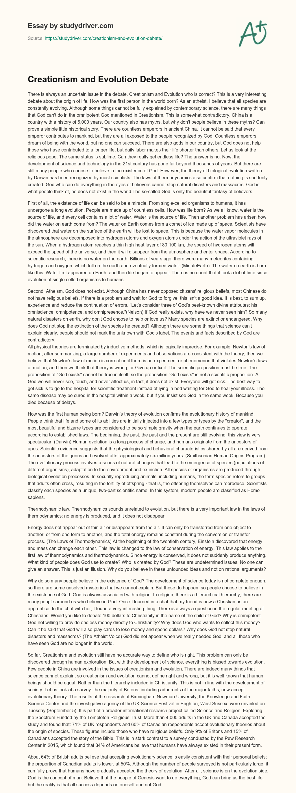 Creationism and Evolution Debate essay