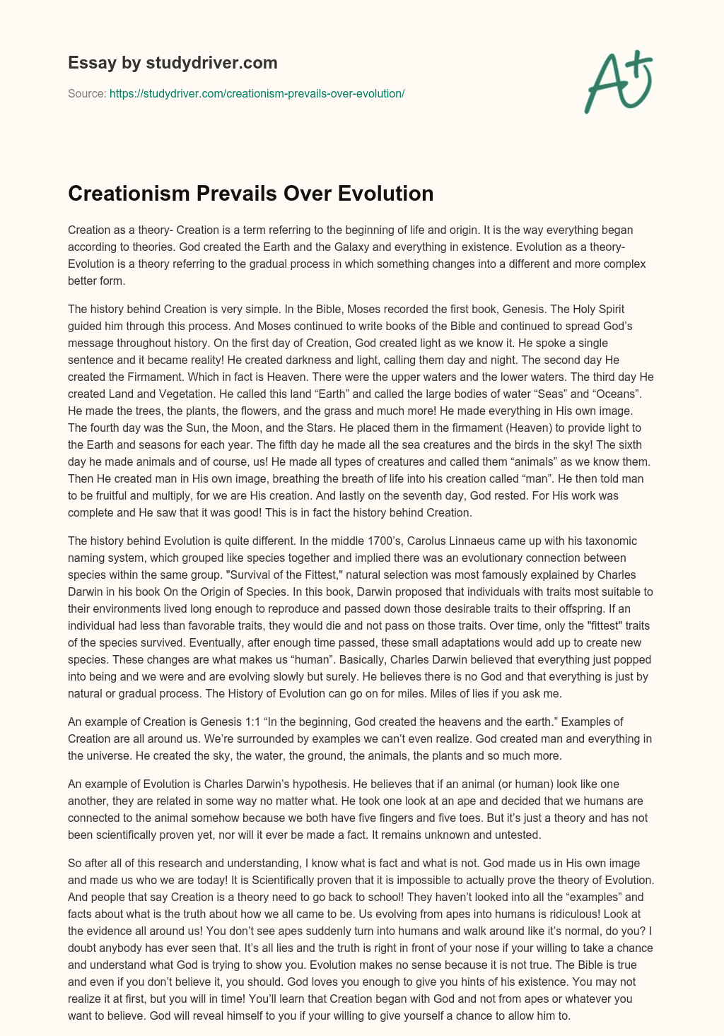 Creationism Prevails over Evolution essay