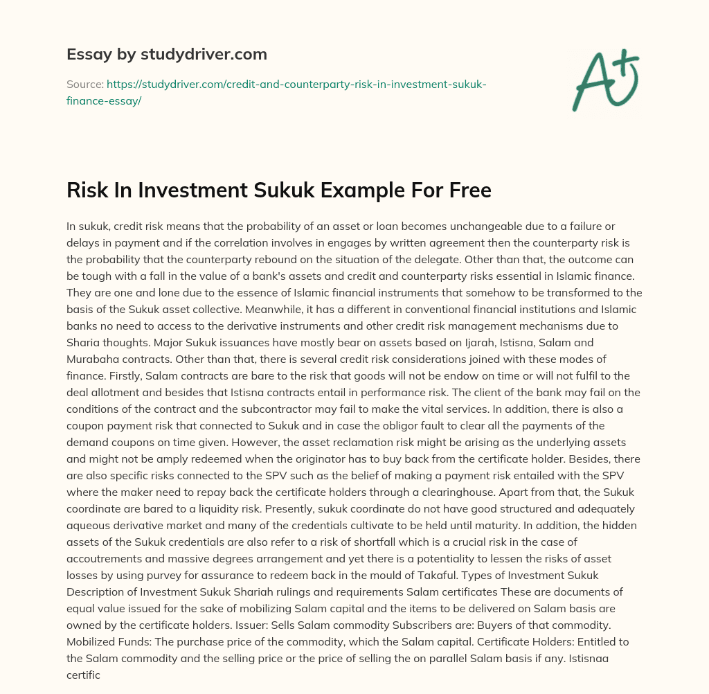 Risk in Investment Sukuk Example for Free essay