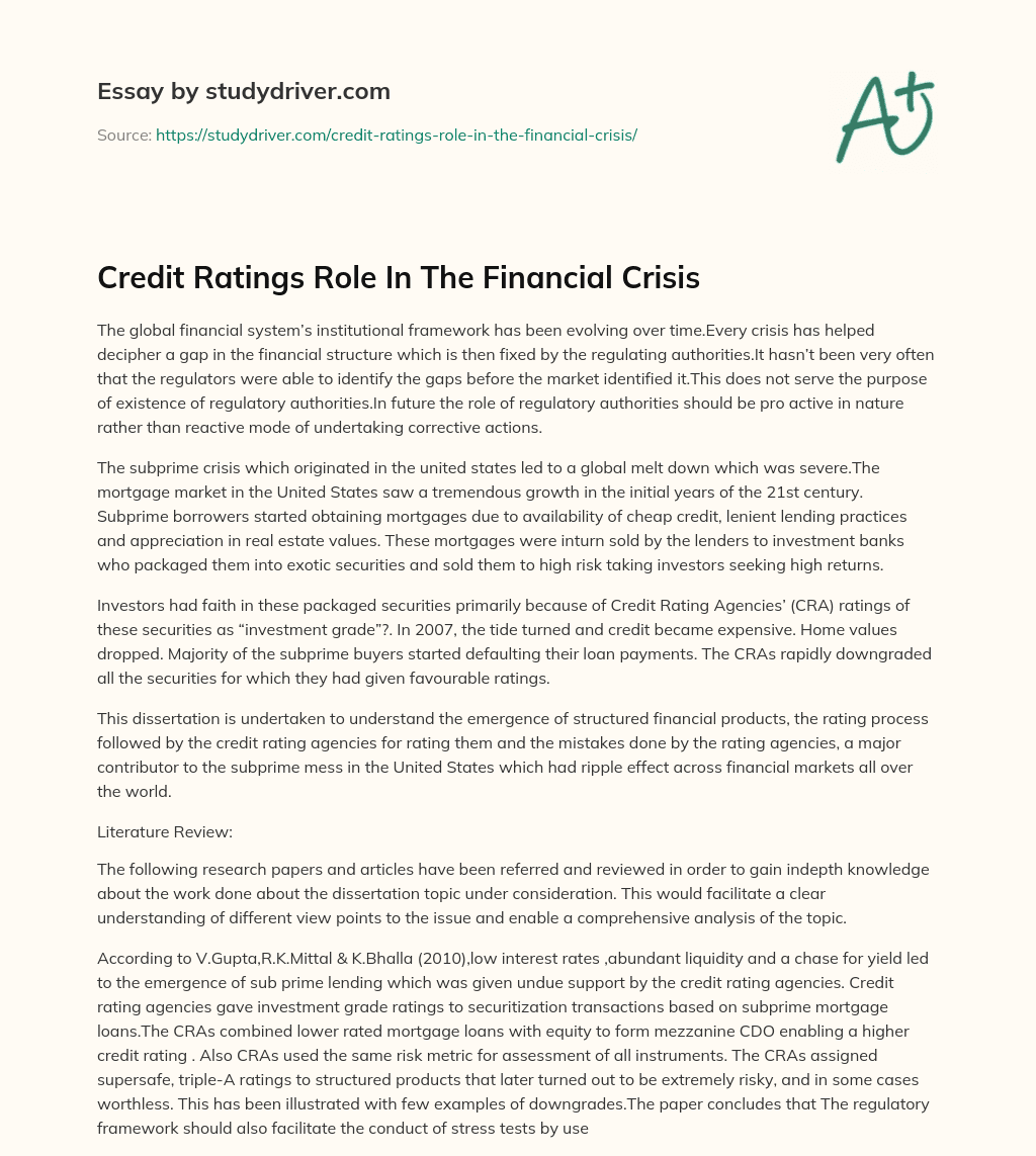 Credit Ratings Role in the Financial Crisis essay