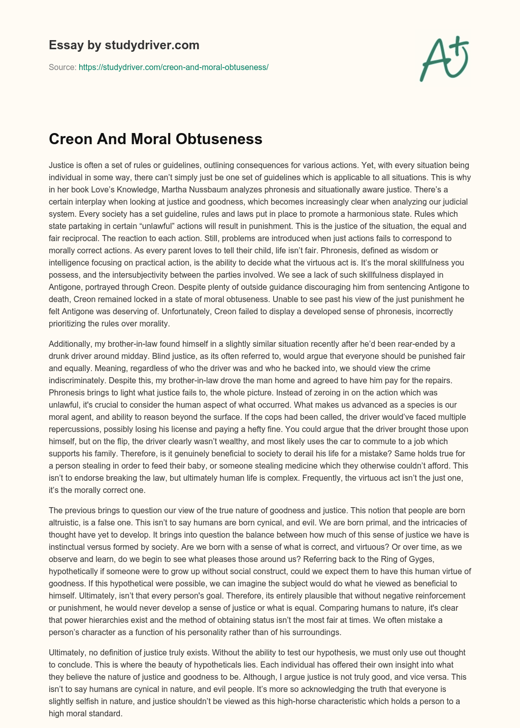 Creon and Moral Obtuseness essay