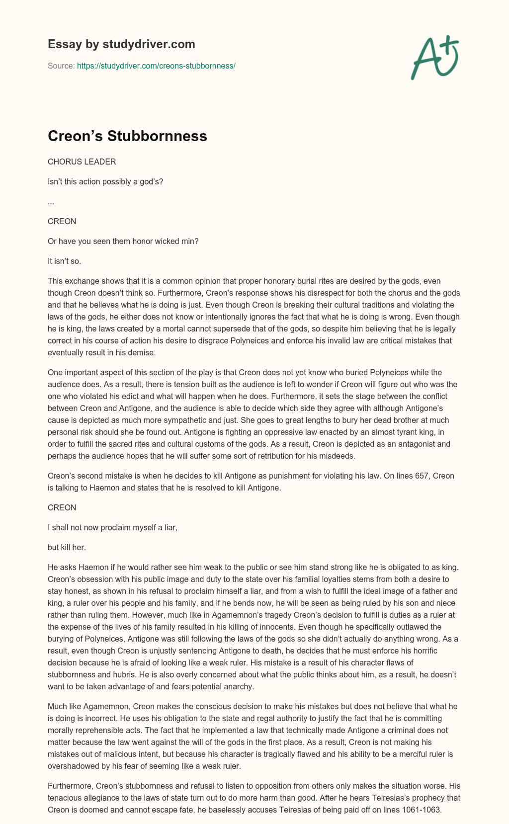 Creon’s Stubbornness essay